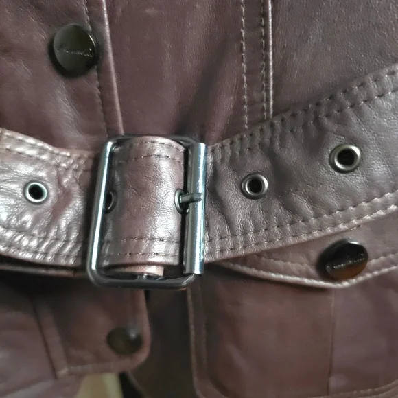 Kenneth Cole Reaction‎ Brown Leather Jacket Women's Medium Belted Moto Zip Cuffs
